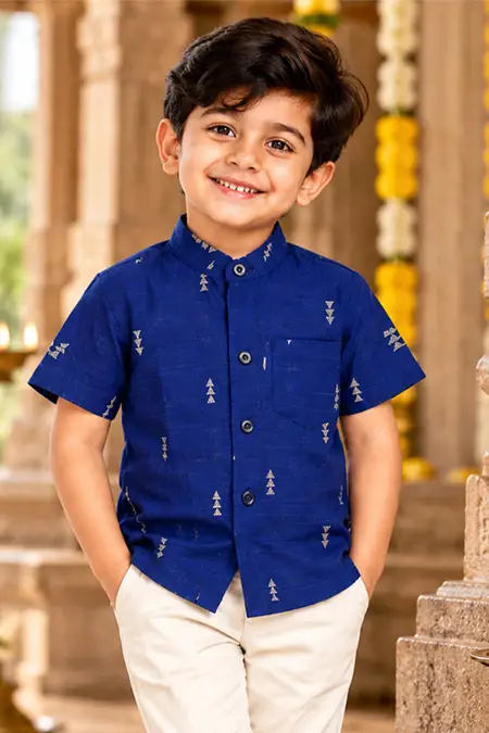 Raw Silk Self Designed Shirt for Boys - Blue