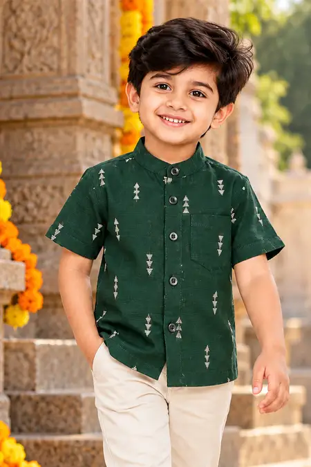 Raw Silk Self Designed Shirt for Boys - Dark Green