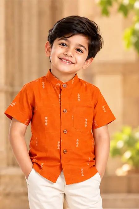 Raw Silk Self Designed Shirt for Boys - Orange
