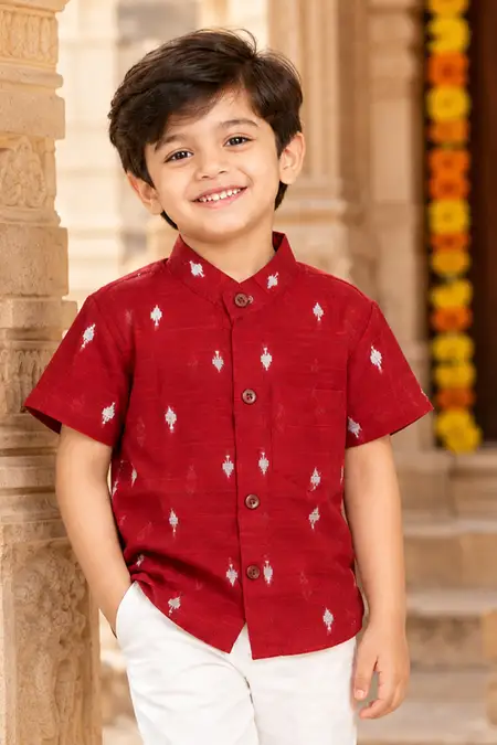 Raw Silk Self Designed Shirt for Boys - Maroon