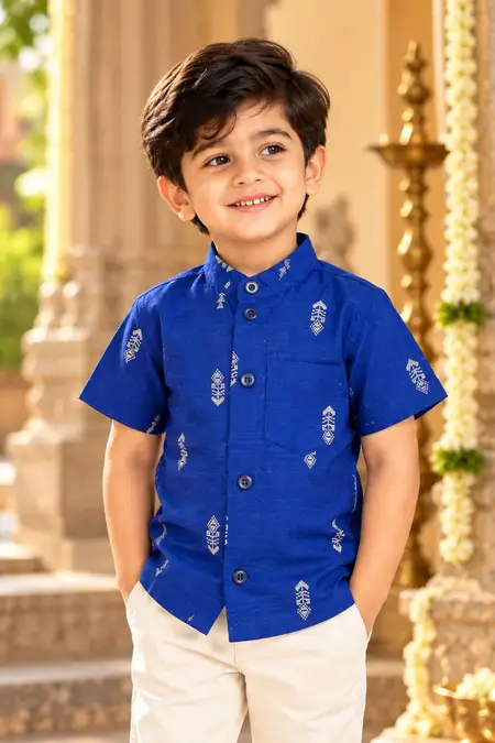 Raw Silk Self Designed Shirt for Boys - Royal Blue