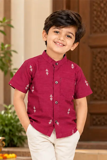 Raw Silk Self Designed Shirt for Boys - Magenta