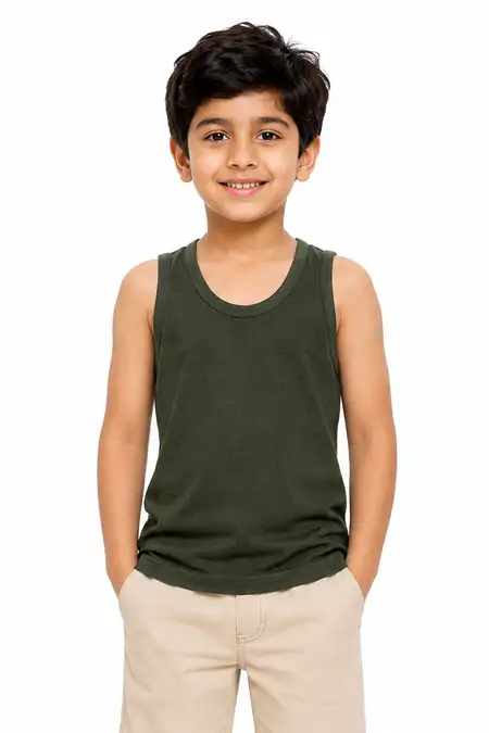 Cotton Solid Vest for Boys - Olive