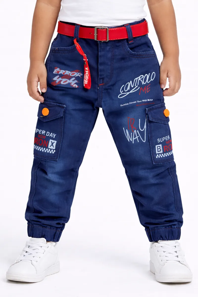 Boy's Denim Printed Jogger Jeans with Red Belt - Blue CLBJ0013BLU256YR
