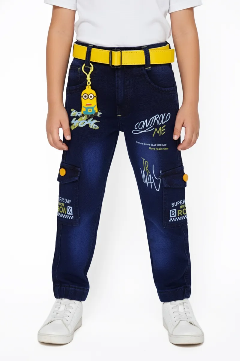 Boy's Denim Printed Jogger Jeans with Yellow Belt - Dark Blue CLBJ0013DARBLU78YR
