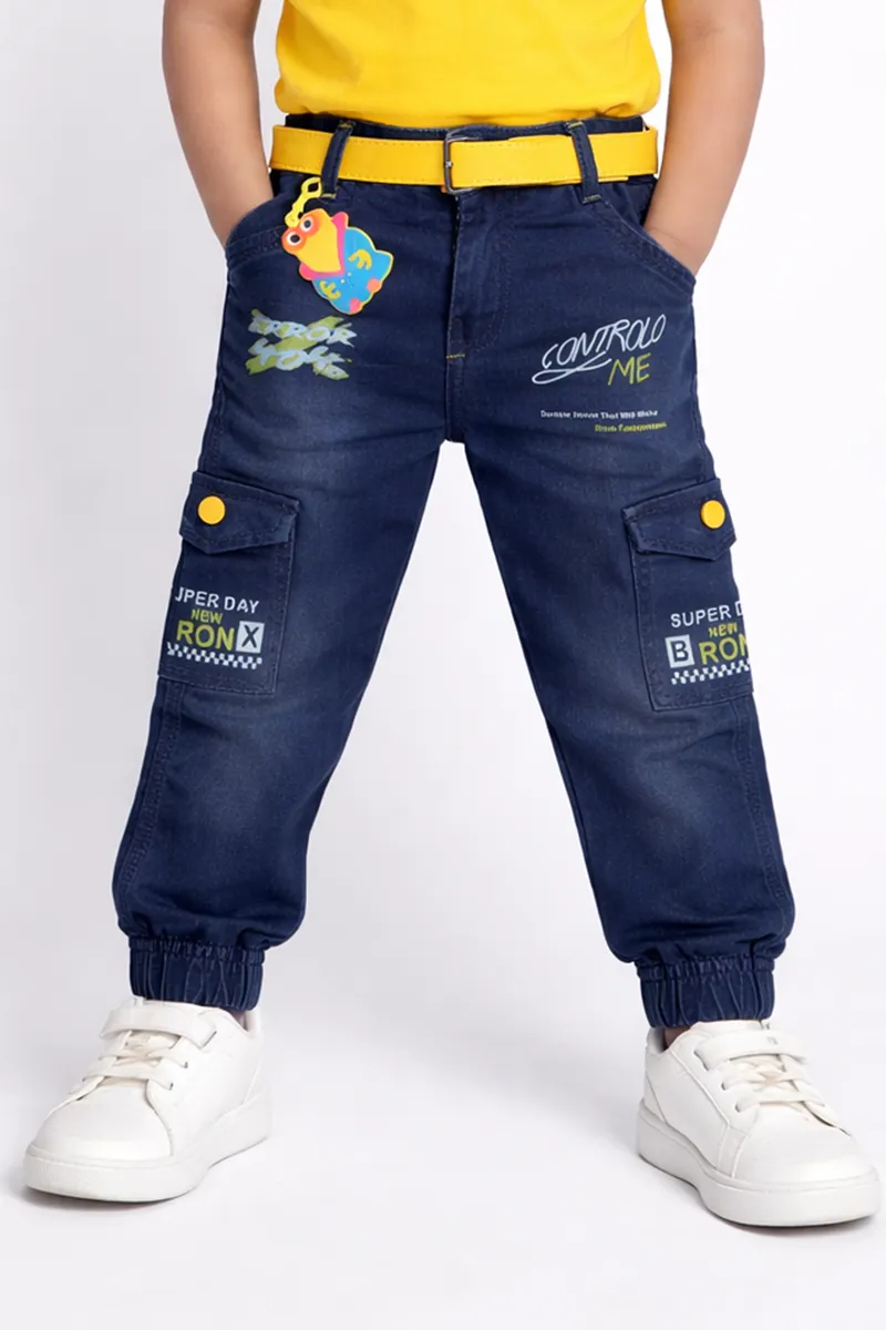 Boy's Denim Printed Jogger Jeans with Yellow Belt - Navy Blue CLBJ0013NAVBLU134YR