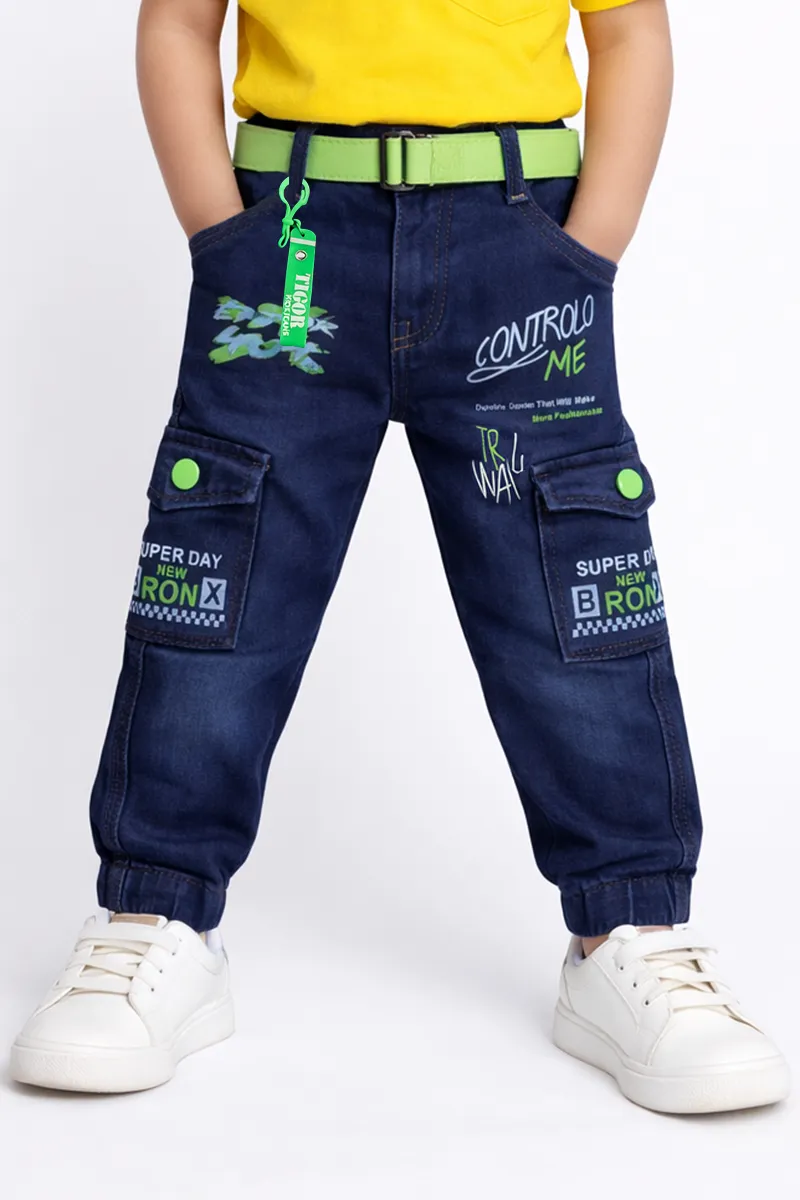 Boy's Denim Printed Jogger Jeans with Green Belt - Navy Blue CLBJ0013NAVBLU245YR
