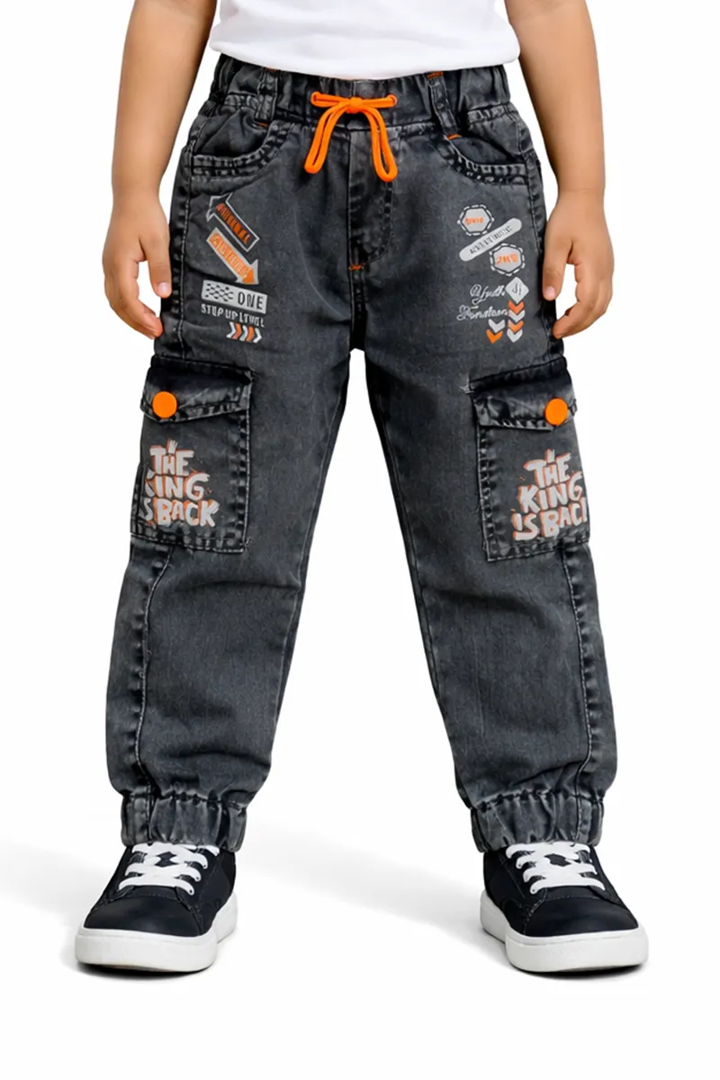 Boy's Denim Printed Cargo Jeans - Dark Grey