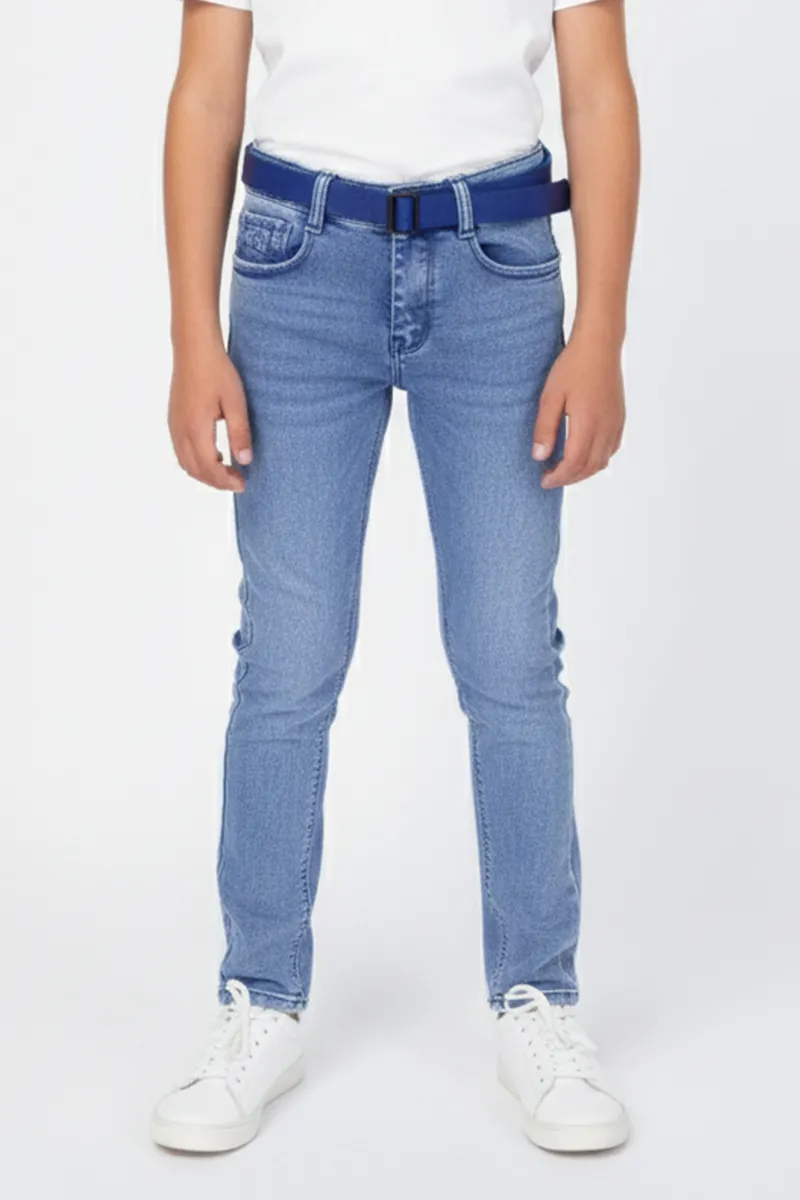 Boy's Denim Mid Washed Casual Jeans with Belt - Blue CLBJ0017BLU1112YR