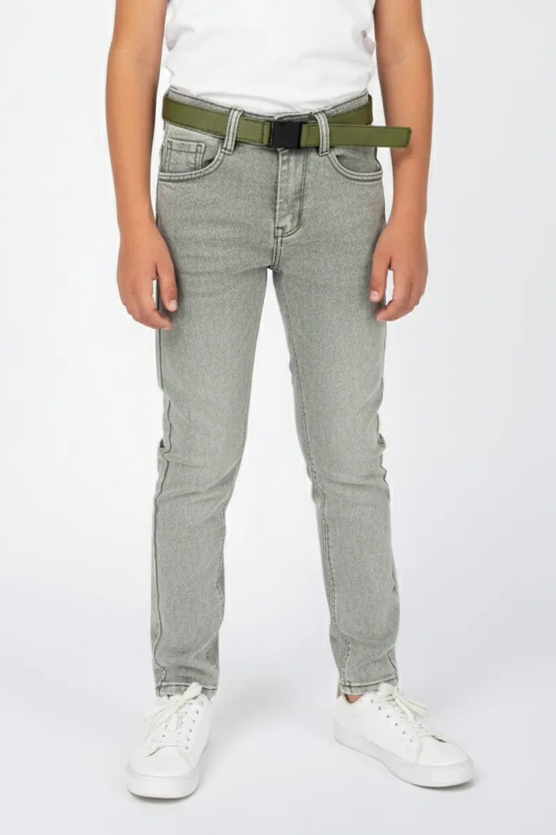 Boy's Denim Mid Washed Casual Jeans with Belt - Green
