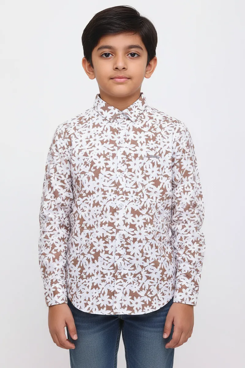 Boy's Cotton Floral Printed Casual Shirt - Brown