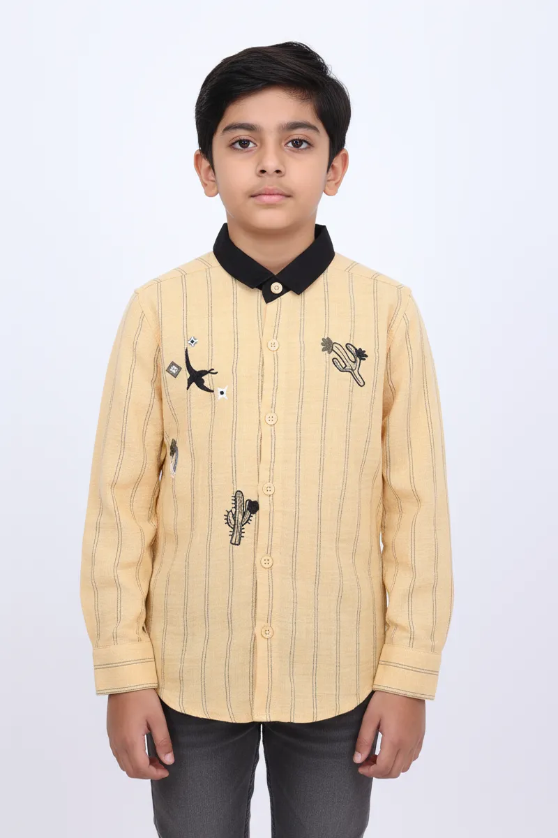 Vertical Stripe Regular Fit Shirt for Boys - Yellow CLBS0035YEL34YR