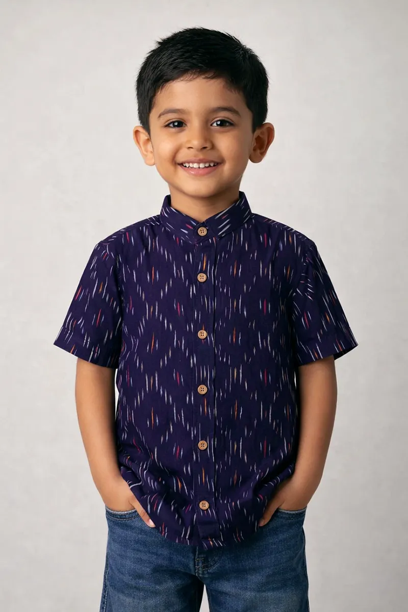 Ikat Cotton Shirt for Boys -Navy Blue