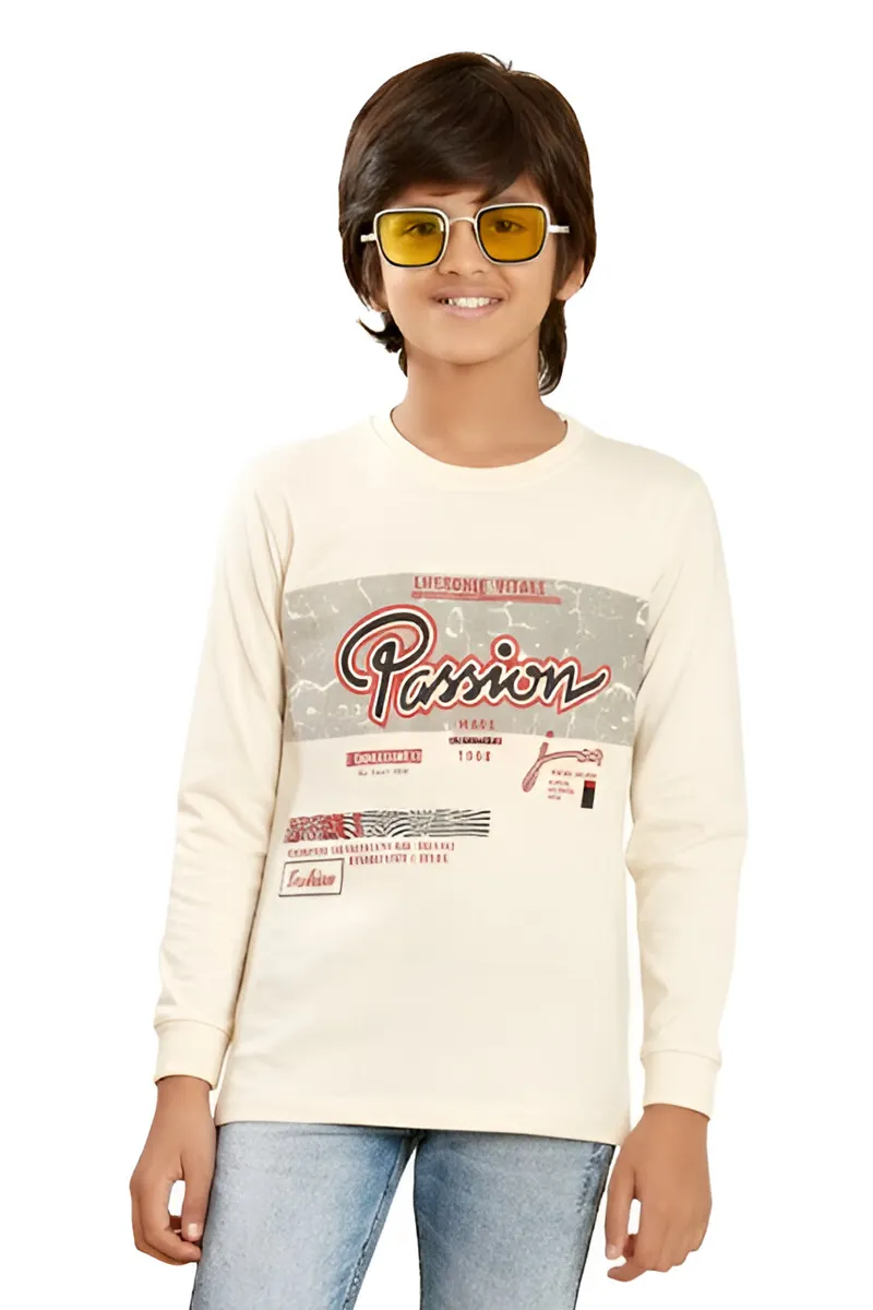 Printed Full-Sleeve T-Shirt for Boys - Cream
