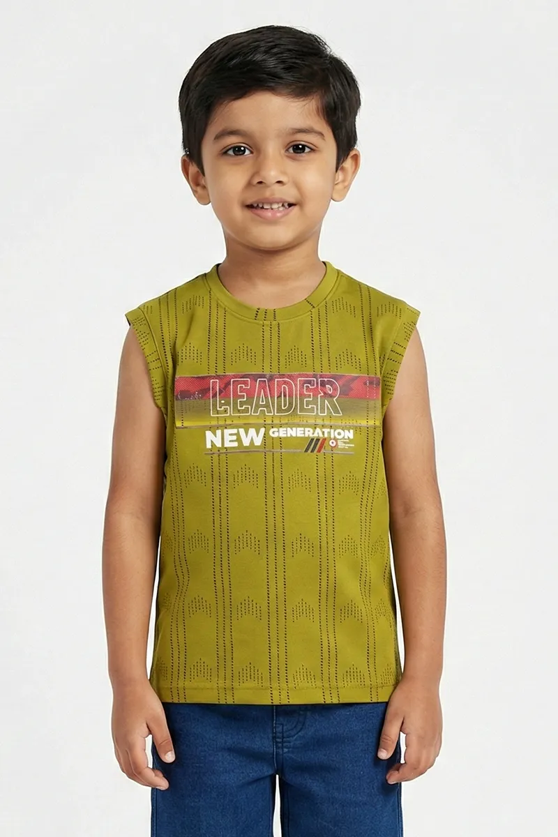 Printed Cotton Sleeveless T-Shirt for Boys - Olive CLBT00262OLI78YR