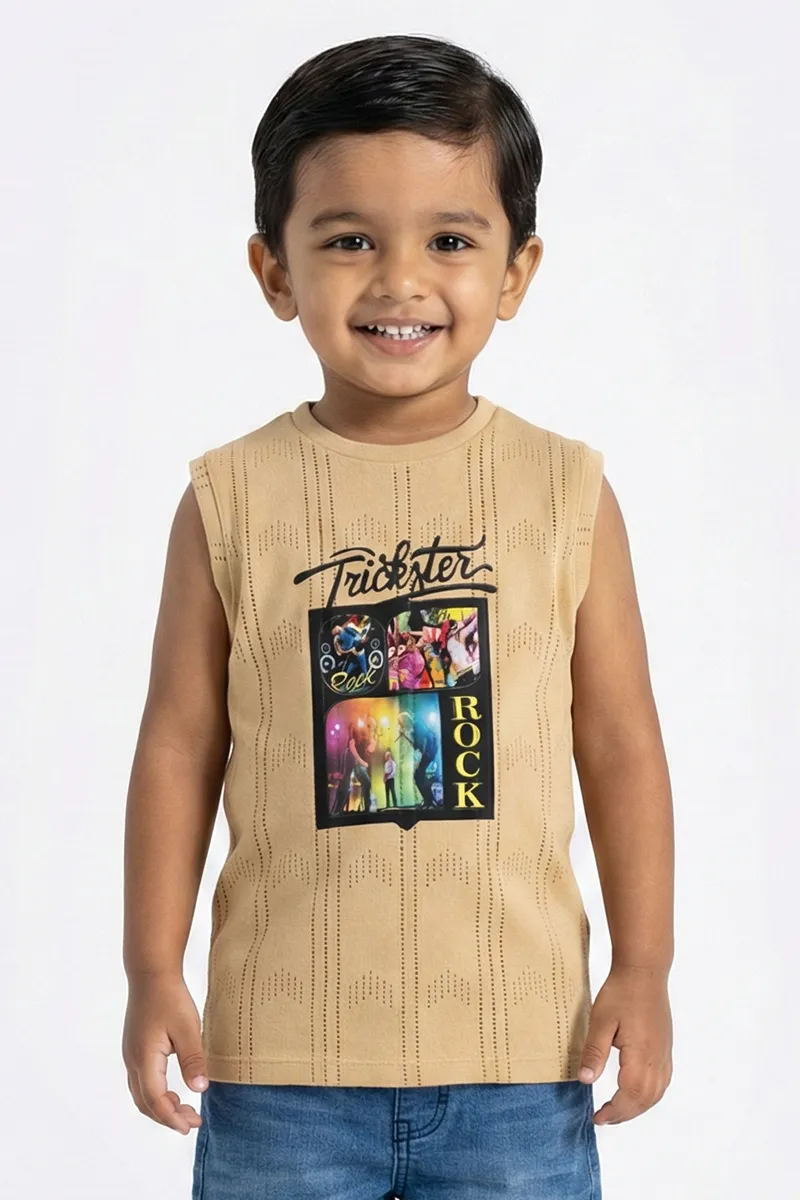 Printed Cotton Sleeveless T-Shirt for Boys - Beige