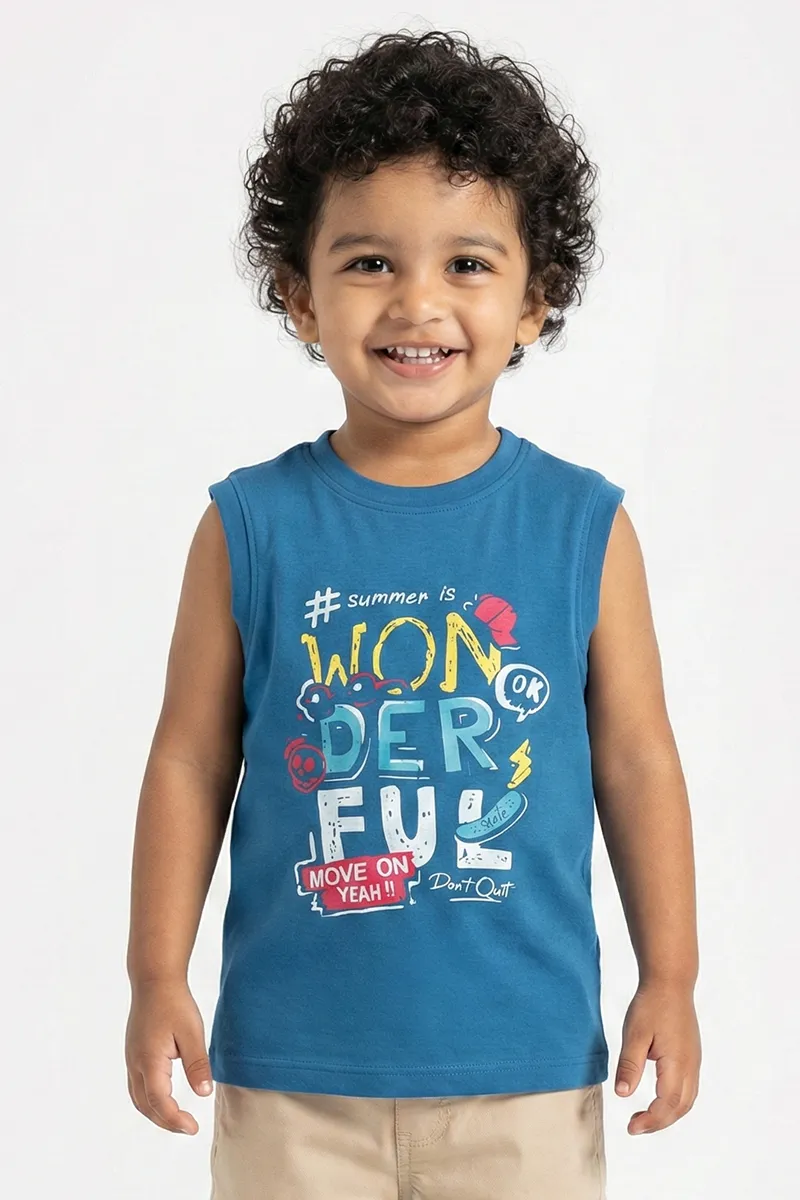 Sleeveless Printed T-Shirt for Boys - Teal