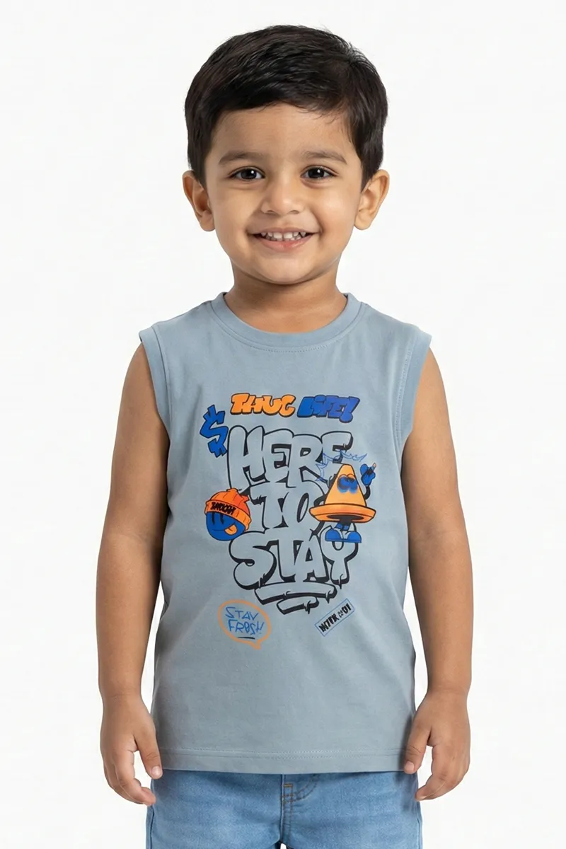 Sleeveless Printed T-Shirt for Boys - Grey