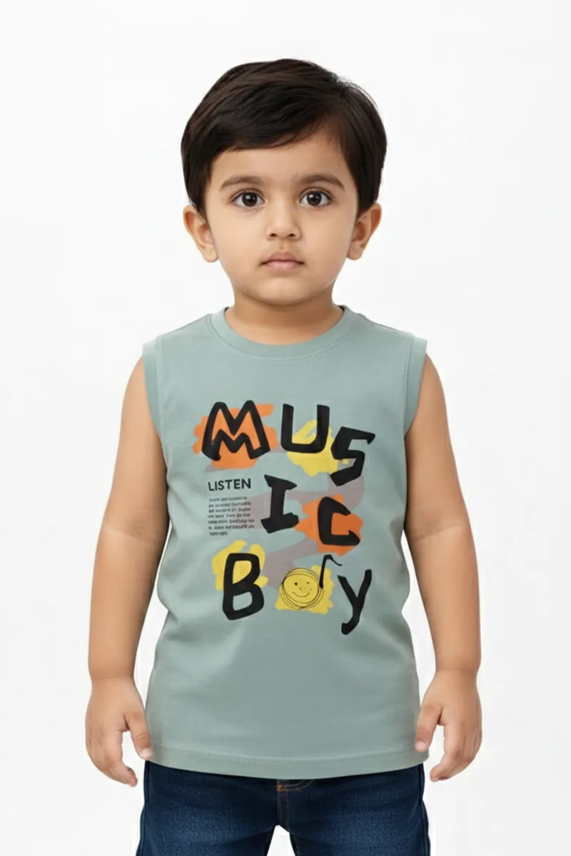 Sleeveless Printed T-Shirt for Boys - Green