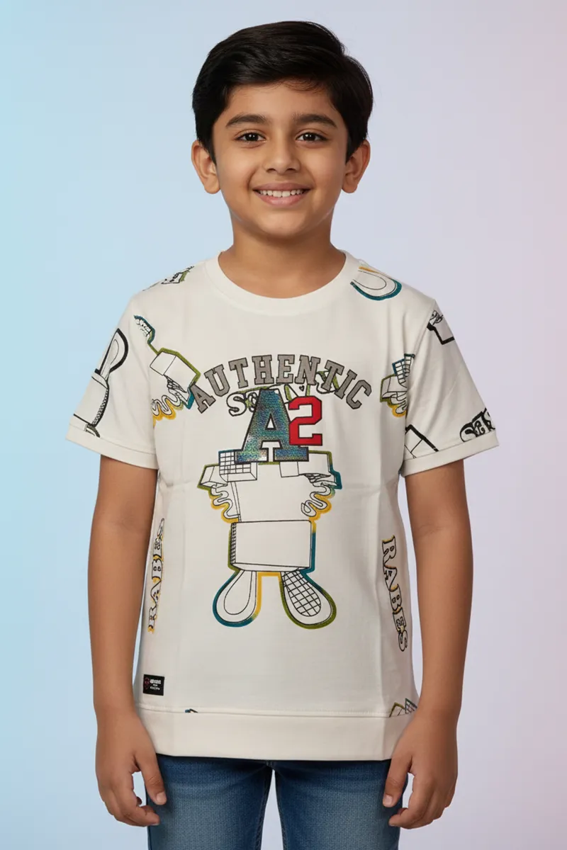 Cotton Printed Casual T-Shirt for Boys - White