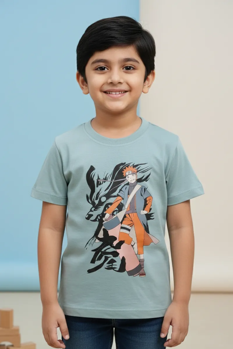 Cotton Printed Casual T-Shirt for Boys - Blue Grey