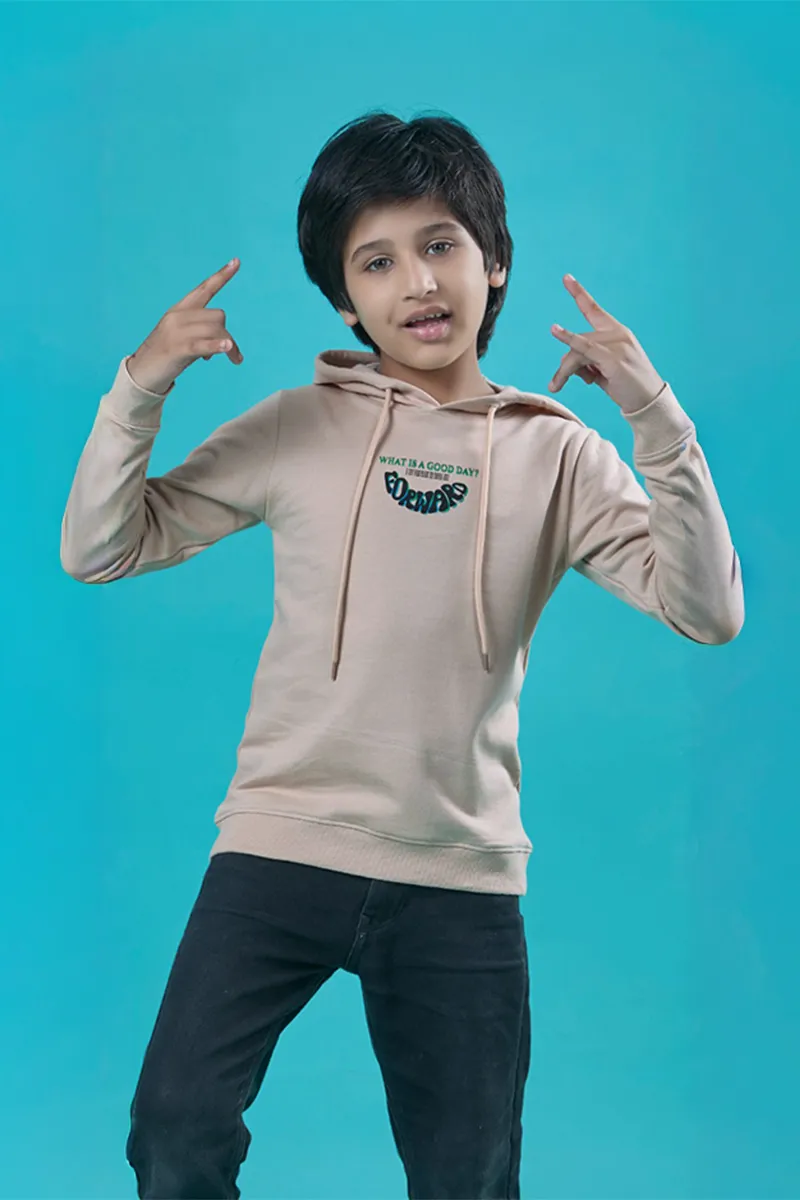Cotton Blend Solid Hoodie for Boys - Beige
