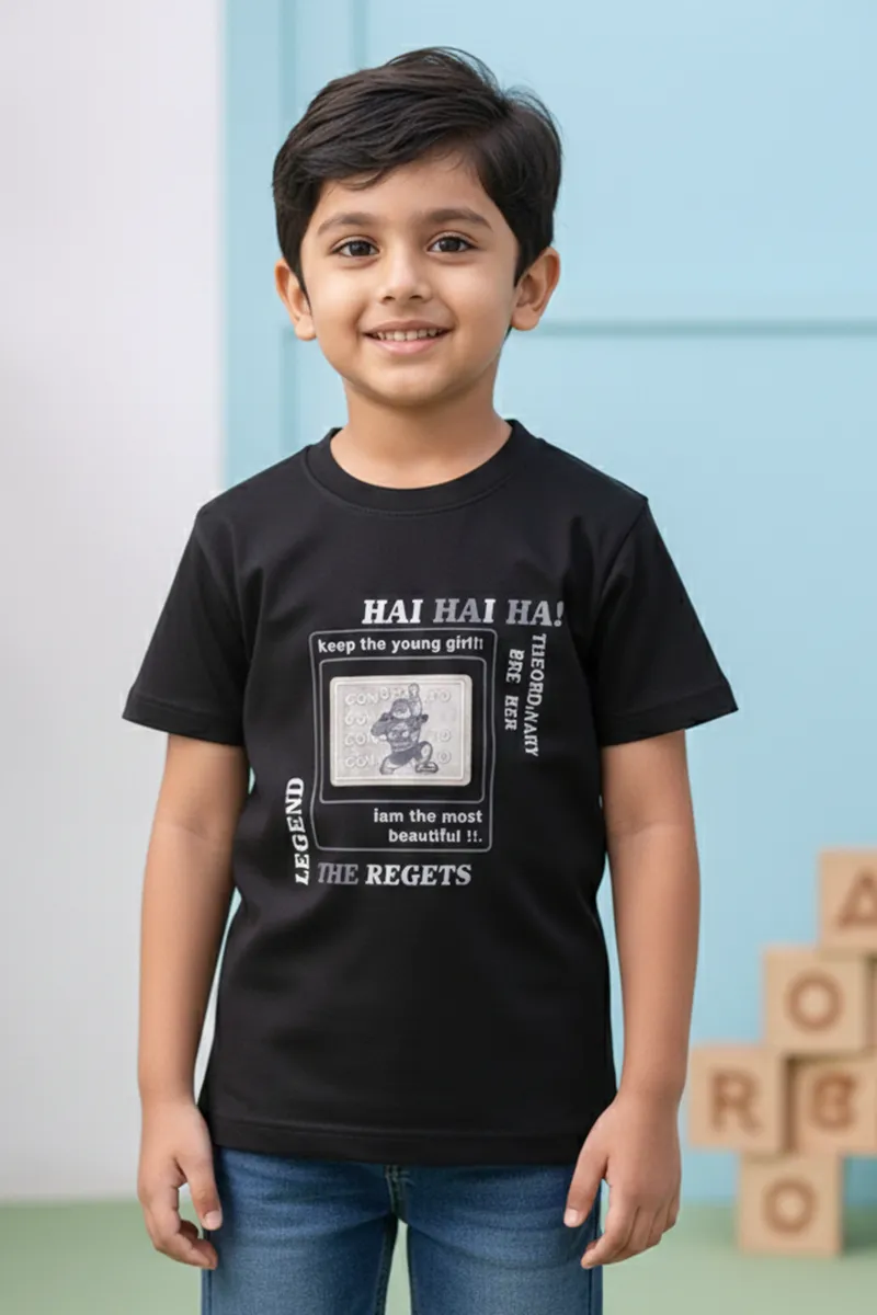 Cotton Printed Casual T-Shirt for Boys - Black