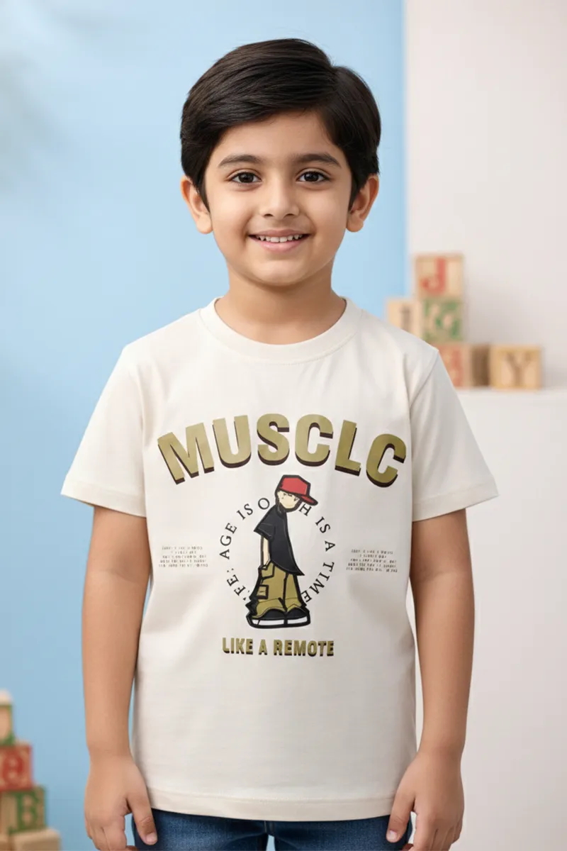 Cotton Printed Casual T-Shirt for Boys - Cream