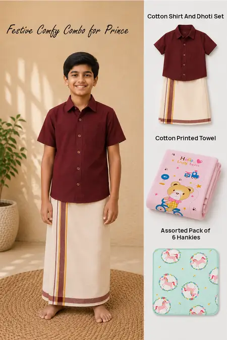 Festive Comfy Combo for Prince - Cotton Shirt and Dhoti Set, Cotton Towel & Assorted Pack of 6 Hankies
