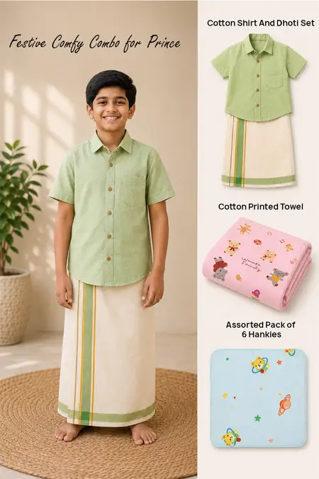 Festive Comfy Combo for Prince - Cotton Shirt and Dhoti Set, Cotton Towel & Assorted Pack of 6 Hankies