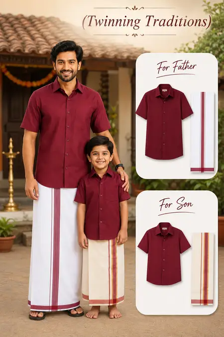 Twinning Traditions - Cotton Shirt with Dhoti Set for Mens & Boys