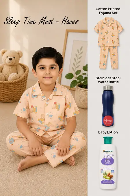 Sleep Time Must-Haves - Cotton Pyjama Set, Water Bottle & Baby Lotion