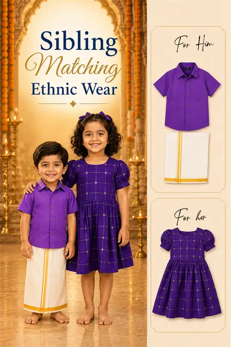 Sibling Matching Ethnic Wear - Frock, Shirt & Dhoti Set for Boys and Girls