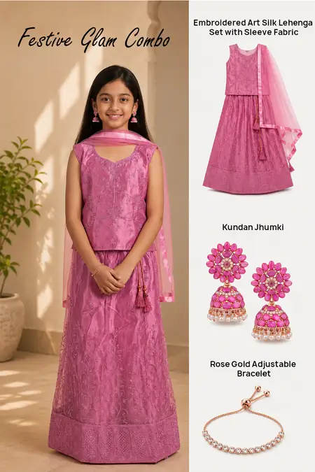 Festive Glam Combo - Art Silk Lehenga Set, Kundan Jhumki & Rose Gold Adjustable Bracelet