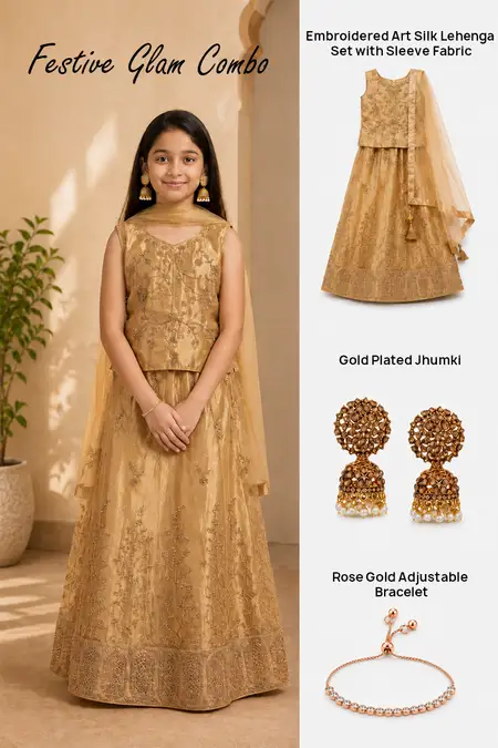 Festive Glam Combo - Art Silk Lehenga Set, Gold Plated Jhumki & Rose Gold Adjustable Bracelet