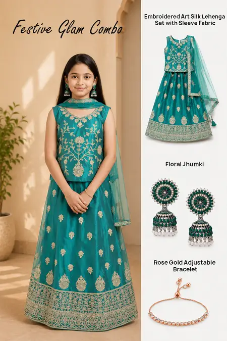 Festive Glam Combo - Art Silk Lehenga Set, Floral Jhumki & Rose Gold Adjustable Bracelet