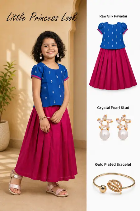 Little Princess Look - Raw Silk Pattu Pavadai Set, Crystal Pearl Stud & Gold Plated Bracelet
