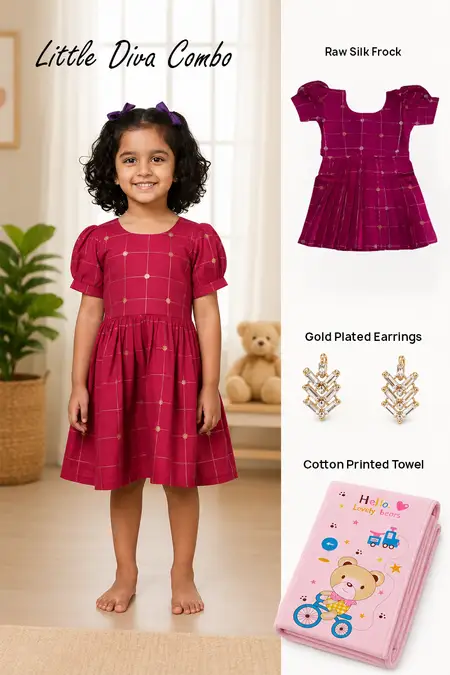 Little Diva Combo - Raw Silk Frock, Gold Plated Earrings & Cotton Printed Towel
