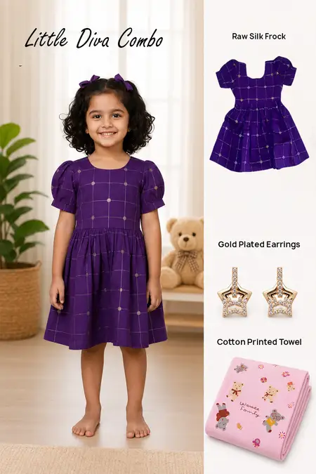 Little Diva Combo - Raw Silk Frock, Gold Plated Earrings & Cotton Printed Towel
