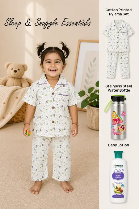 Sleep & Snuggle Essentials - Cotton Pyjama Set for Girls, Water Bottle & Baby Lotion
