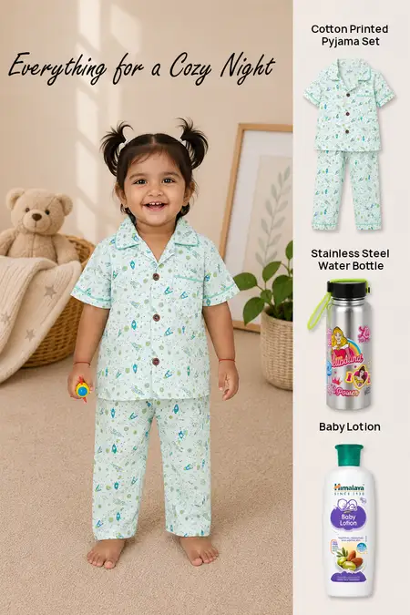 Everything for a Cozy Night - Cotton Pyjama Set for Girls, Water Bottle & Baby Lotion