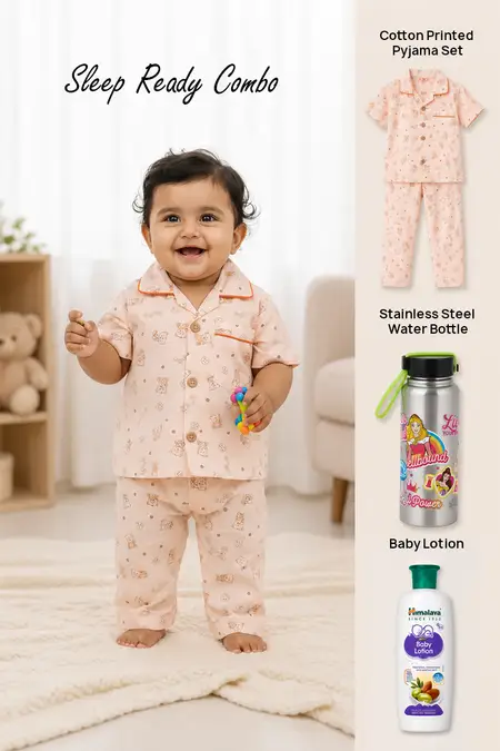 Sleep Ready Combo - Cotton Pyjama Set for Girls, Water Bottle & Baby Lotion
