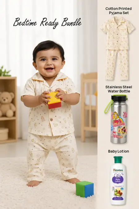 Bedtime Ready Bundle - Cotton Pyjama Set for Girls, Water Bottle & Baby Lotion