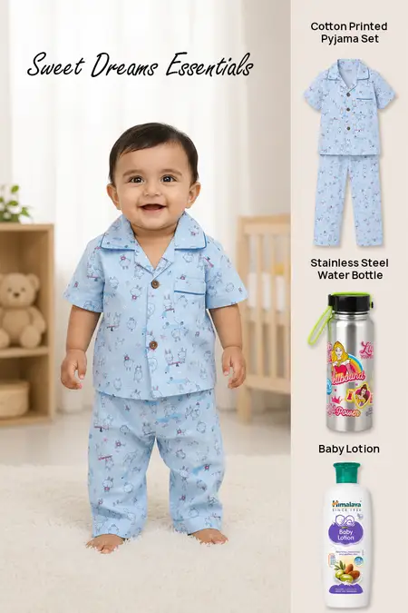 Sweet Dreams Essentials - Cotton Pyjama Set for Girls, Water Bottle & Baby Lotion