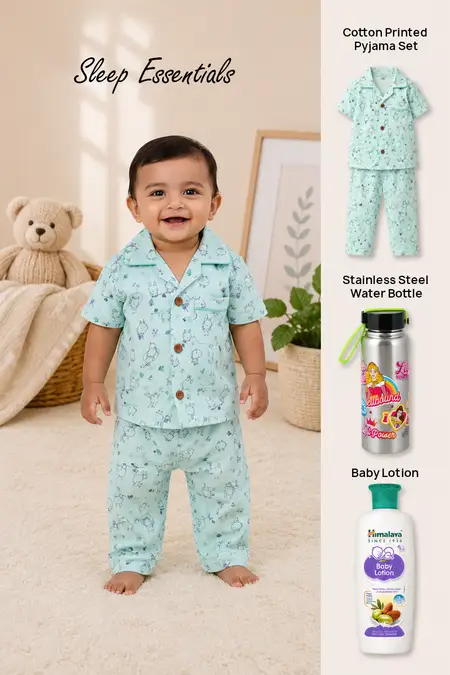 Sleep Essentials - Cotton Pyjama Set for Girls, Water Bottle & Baby Lotion