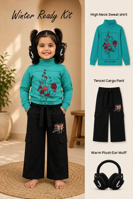 Winter Ready Kit - High Neck Sweatshirt, Cargo Pant & Warm Plush Ear Muff for Girls