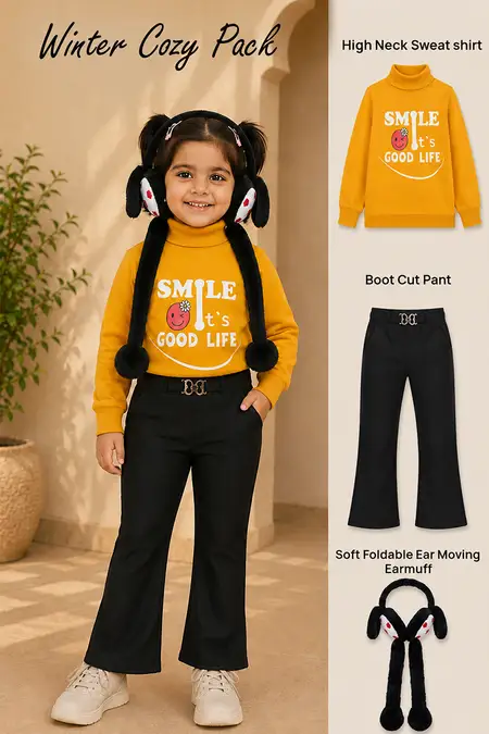 Winter Cozy Pack - Hight Neck Sweatshirt, Boot Cut Pant & Earmuff for Girls