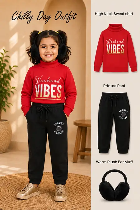 Chilly Day Outfit - High Neck Sweatshirt, Printed Pant & Warm Plush Ear Muff for Girls