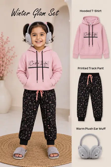 Winter Glam Set - Hooded T-Shirt, Printed Track Pant & Warm Plush Ear Muff for Girls