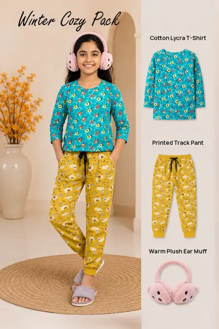 Winter Cozy Pack - Cotton Lycra T-Shirt, Printed Track Pant & Warm Plush Ear Muff for Girls